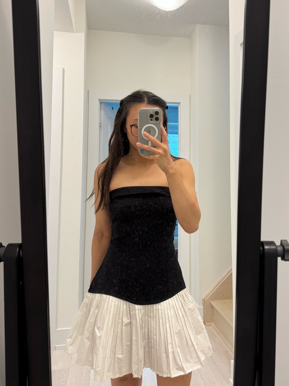 Fashion Nova Black & White Strapless Pleated-Hem Camisole